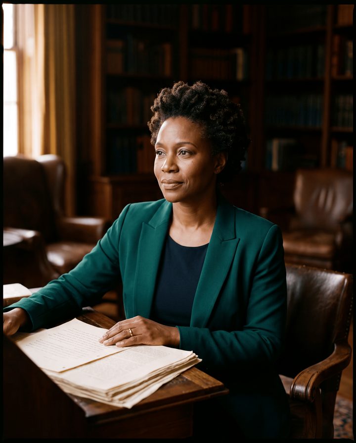 An author seated at her desk, one hand resting on a stack of manuscript pages.