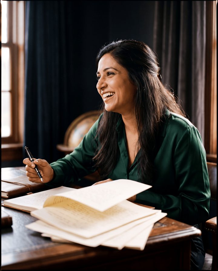 An author laughing, fountain pen still in hand, finished pages in front of her.