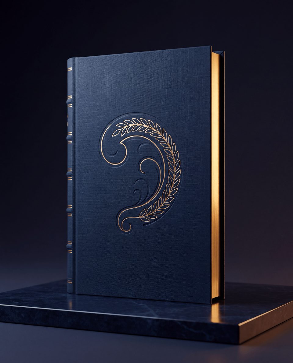 A finished hardcover book in navy cloth with gold foil detailing.